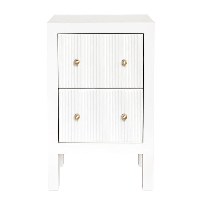 [Brand] white nightstand with two drawers and gold knobs.