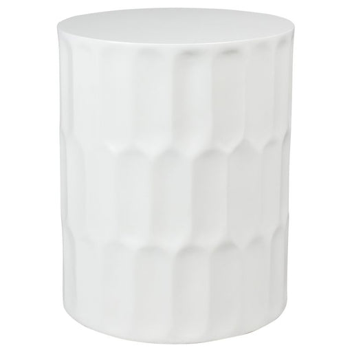 [Brand] white ceramic stool with distinctive wavy textured surface.