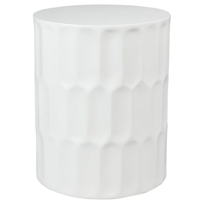 [Brand] white ceramic stool with distinctive wavy textured surface.