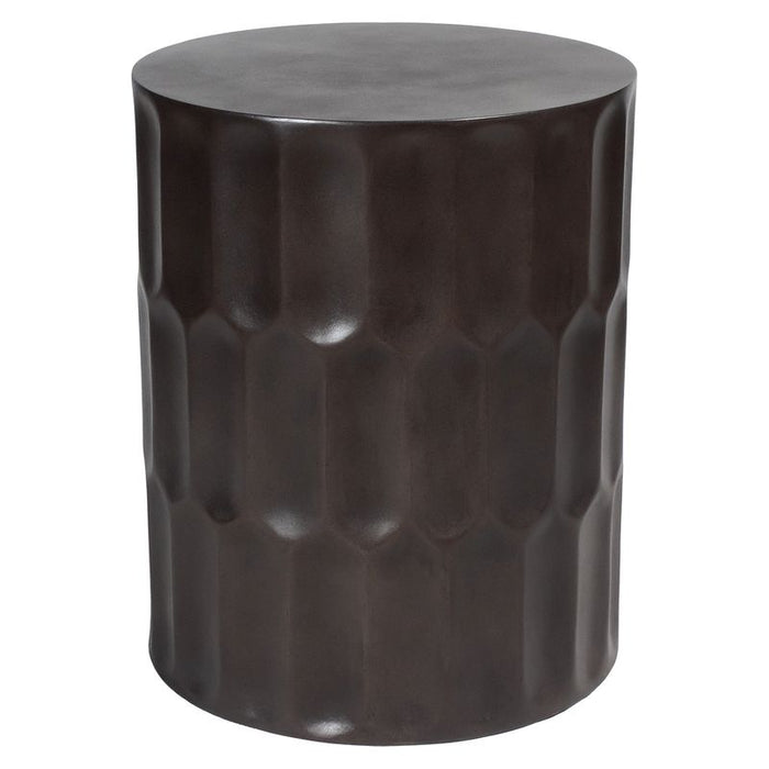 Dark cylindrical stool with textured surface, by [Brand].