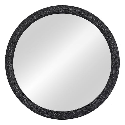 Round mirror with ornate black frame by [Brand].