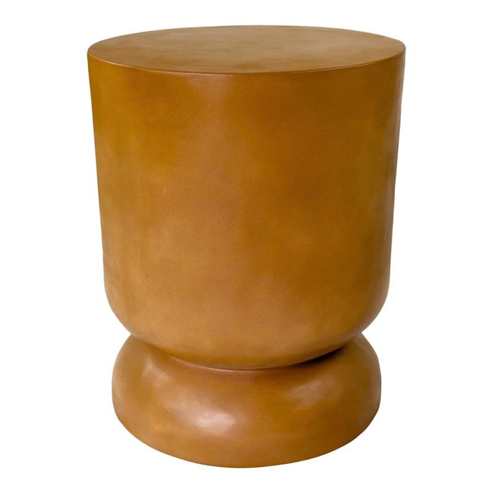 Tan cylindrical wooden stool from [Brand], with rounded base.