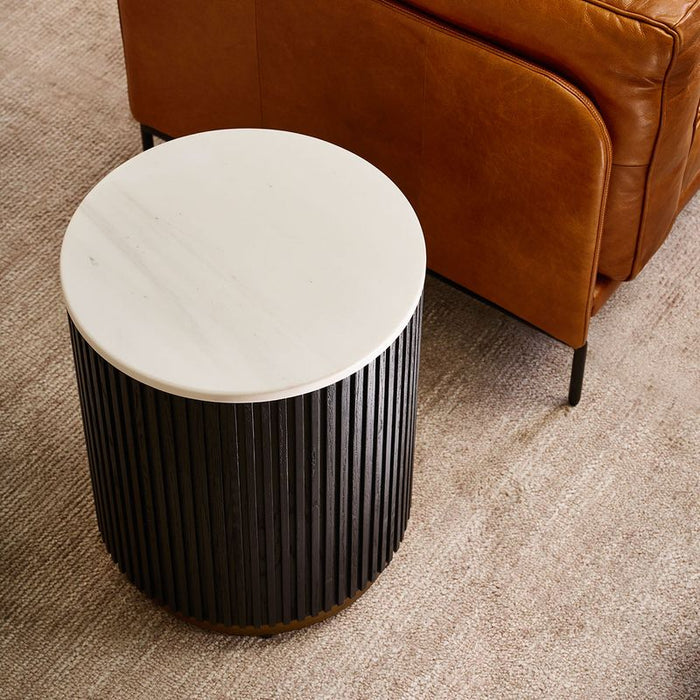 Mason Round Side Table - Black, Marble Wood, 45cm