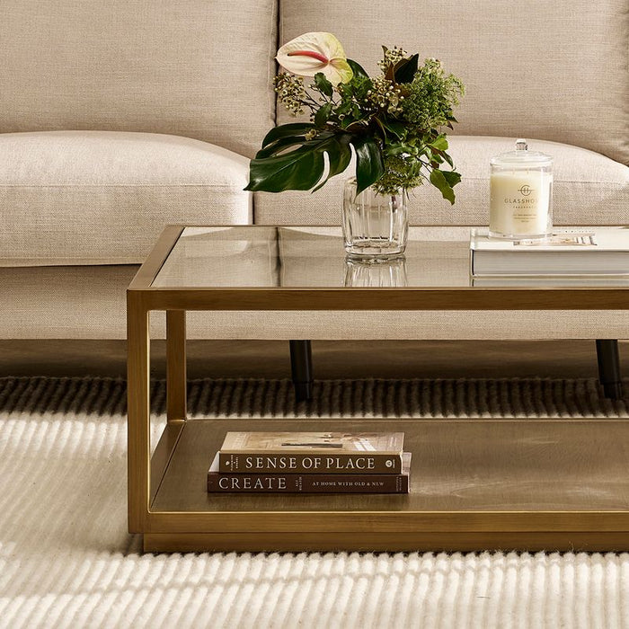 Sadie Square Coffee Table - Antique Gold, Glass Wood, 90cm