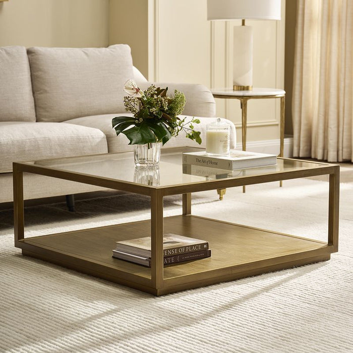 Sadie Square Coffee Table - Antique Gold, Glass Wood, 90cm
