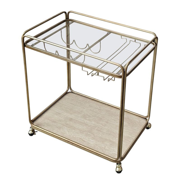 Wentworth Rectangle Bar Cart - Antique Gold, Stone Glass, 75cm