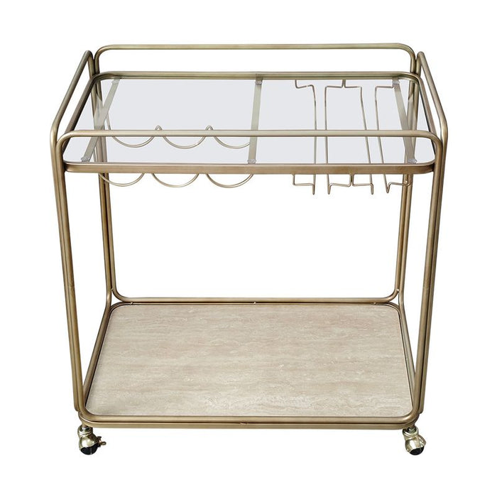 Wentworth Rectangle Bar Cart - Antique Gold, Stone Glass, 75cm