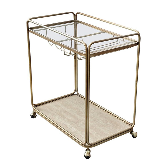 Wentworth Rectangle Bar Cart - Antique Gold, Stone Glass, 75cm