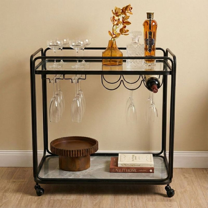 Wentworth Rectangle Bar Cart - Black, Marble Stone, 75cm