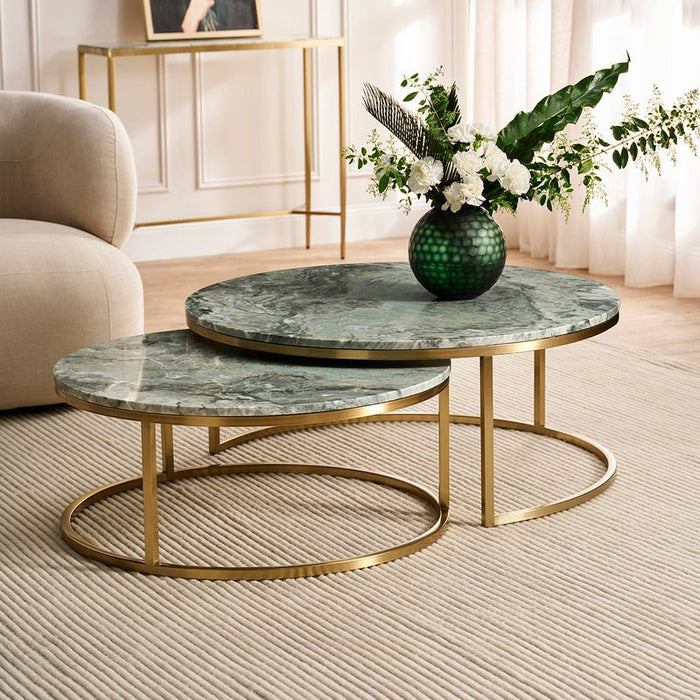 Chloe Dusty Jade Marble Nesting Coffee Table - Gold, 95cm