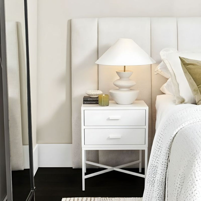 Nessa 2 Drawer Bedside Table - All White, Metal, 60cm H