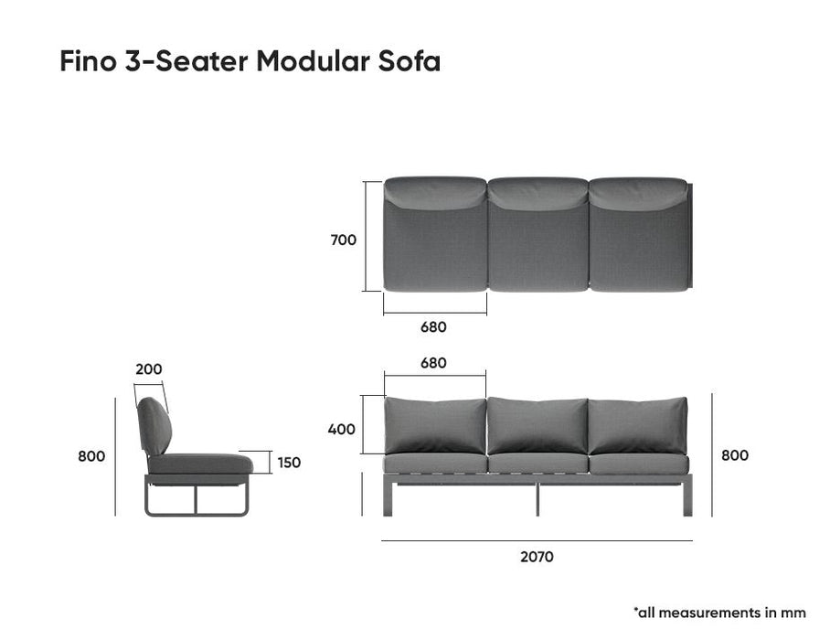 Fino Outdoor 3 Seater Sun Lounge in Matt Charcoal Frame / Dark Grey Fabric