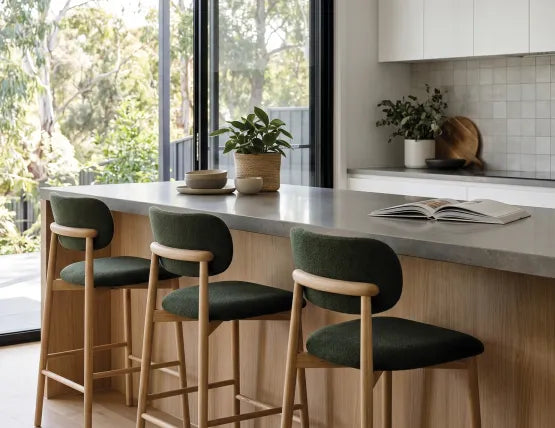Oskar Bar Stool - Natural - Hunter Green Fabric - 66cm Seat Height (Kitchen Bench height)