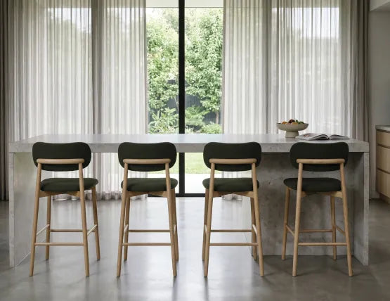 Oskar Bar Stool - Natural - Hunter Green Fabric - 66cm Seat Height (Kitchen Bench height)