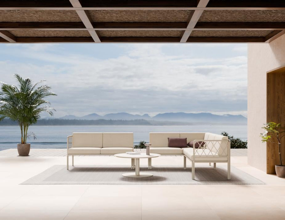 Seville Config J Corner Sofa - Latte - Outdoor - Husk Cushions + Teak Top
