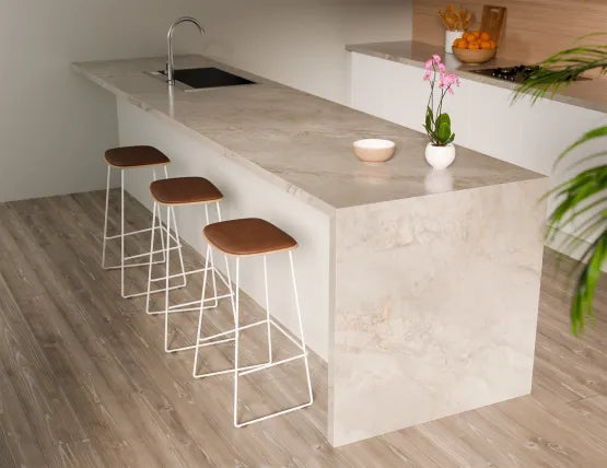 Elva Stool - Natural Seat - Tan Pad - White Frame - 67cm (Kitchen Bench Height), Leather