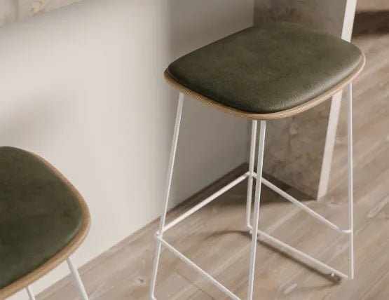 Elva Stool - Natural Seat - Green Pad - White Frame - 77cm (commercial Bench Height), Leather