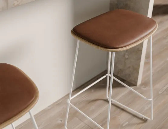 Elva Stool - Natural Seat - Tan Pad - White Frame - 67cm (Kitchen Bench Height), Leather