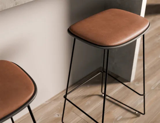 Elva Stool - Black Seat - Tan Pad - Black Frame - 67cm (Kitchen Bench Height), Leather