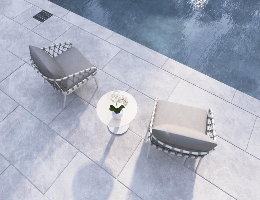 Kara Lounge Chair - Outdoor - Single - White - Sandy Grey Cushions, Fabric, Metal
