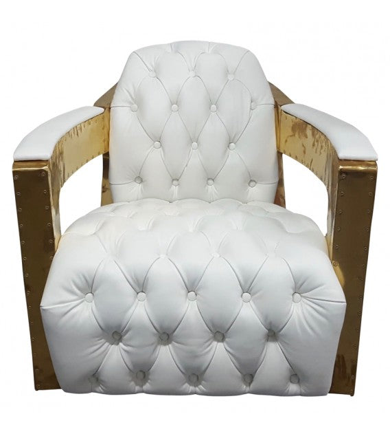 Regal Aviator Polished Brass And White Leather Chesterfield Club Armchair