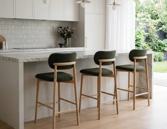 Oskar Bar Stool - Natural - Hunter Green Fabric - 75cm Seat Height (Bar Bench Height)