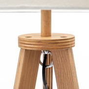 Natural Rubberwood Tripod Floor Lamp with Round Shelf and Off White Linen Shade