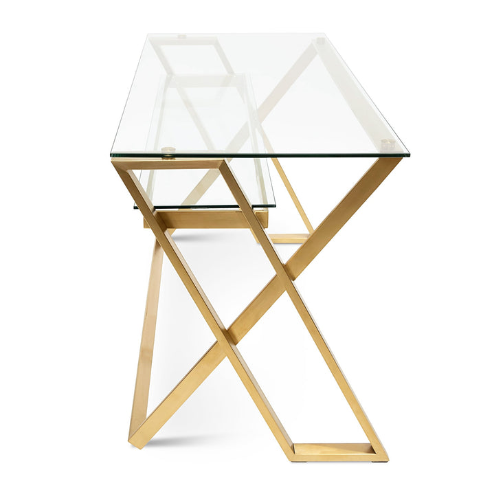 COF2589-BS 120cm Glass Home Office Desk - Brushed Gold Base