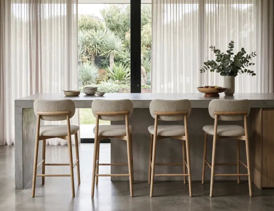 Oskar Bar Stool - Natural - Ivory Cream Fabric - 66cm Seat Height (Kitchen Bench height)