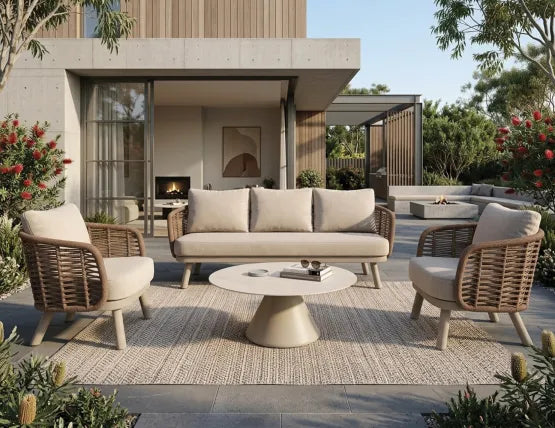 Sorrento 3 Seater Sofa - Outdoor - Latte, Wood, 185cm W
