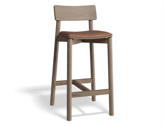 Andi Bar Stool - Walnut - Upholstered - 66cm Seat Height Vintage Tan Vegan leather Seat Pad