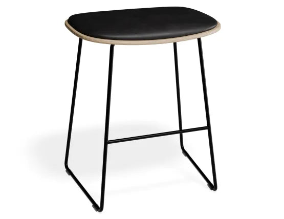 Elva Low Stool - Natural Seat - Black Pad - Black Frame, Leather, 50cm H