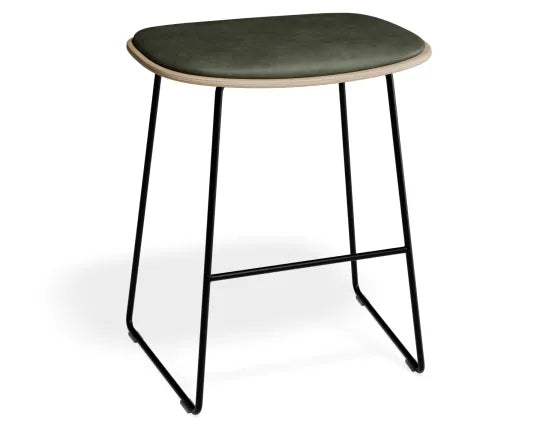 Elva Low Stool - Natural Seat - Green Pad - Black Frame, Leather, 50cm H