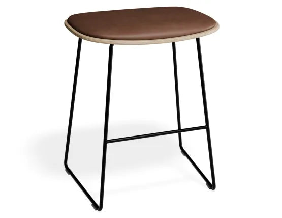 Elva Low Stool - Natural Seat - Tan Pad - Black Frame, Leather, 50cm H