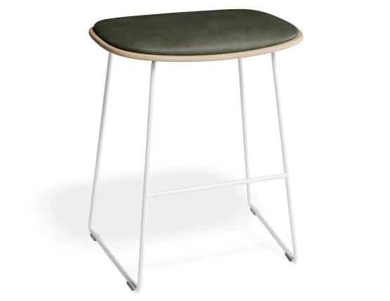 Elva Low Stool - Natural Seat - Green Pad - White Frame, Leather, 50cm H