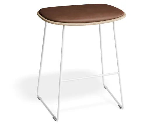 Elva Low Stool - Natural Seat - Tan Pad - White Frame, Leather, 50cm H