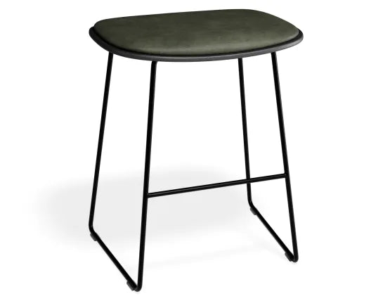 Elva Low Stool - Black Seat - Green Pad - Black Frame, Leather, 50cm H