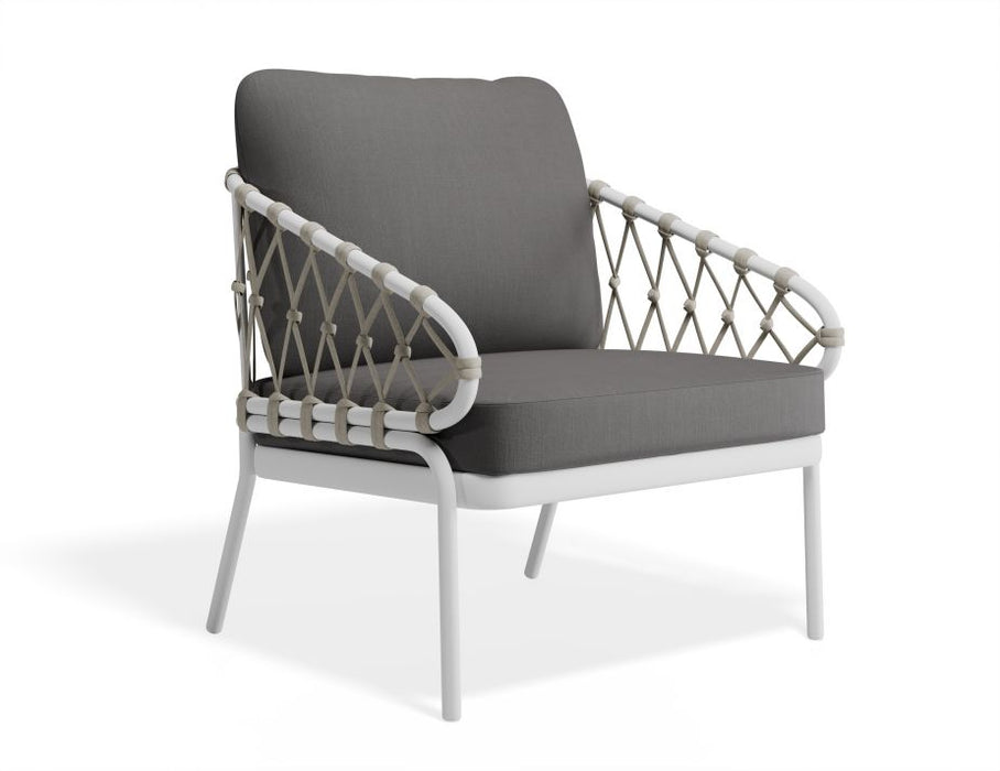 Kara Lounge Chair - Outdoor - Single - White - Sandy Grey Cushions, Fabric, Metal