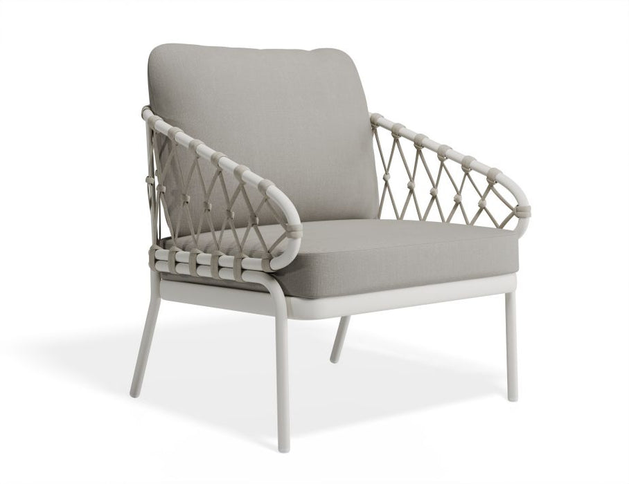 Kara Lounge Chair - Outdoor - Single - White - Sandy Grey Cushions, Fabric, Metal