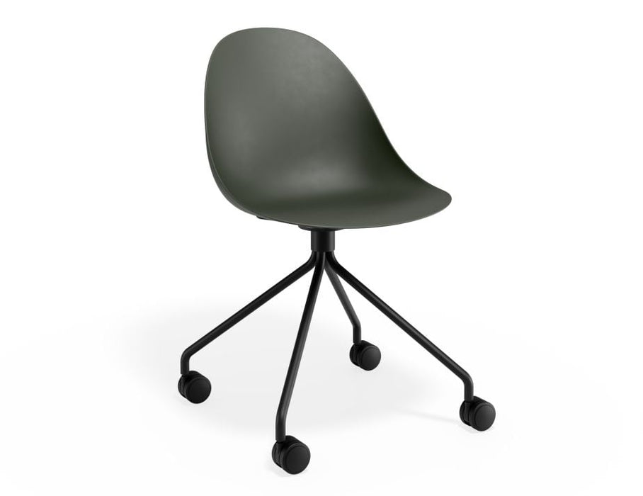 Pebble Chair Olive Green with Shell Seat - Pyramid Fixed Base with Castors - Black