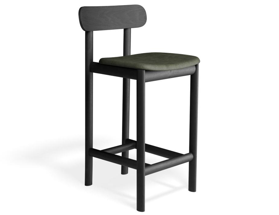 Zara Stool - Black - Upholstered - 65cm Seat Height Vintage Green Vegan Leather Seat Pad