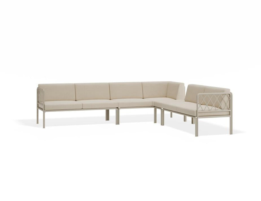 Seville Config J Corner Sofa - Latte - Outdoor - Husk Cushions + Teak Top