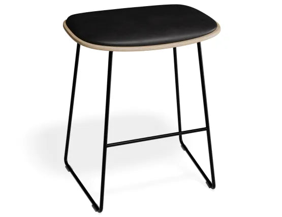 Elva Low Stool - Natural Seat - Black Pad - Black Frame, Leather, 50cm H