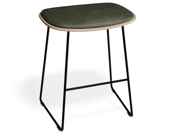 Elva Low Stool - Natural Seat - Green Pad - Black Frame, Leather, 50cm H