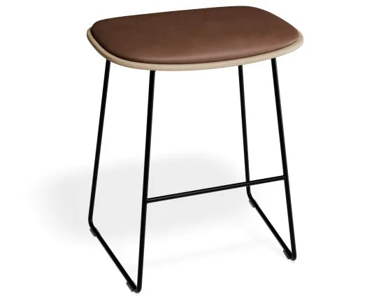 Elva Low Stool - Natural Seat - Tan Pad - Black Frame, Leather, 50cm H