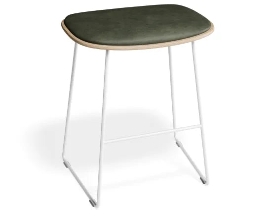 Elva Low Stool - Natural Seat - Green Pad - White Frame, Leather, 50cm H