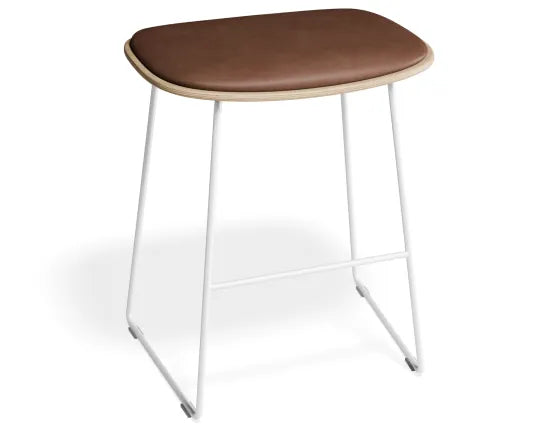 Elva Low Stool - Natural Seat - Tan Pad - White Frame, Leather, 50cm H