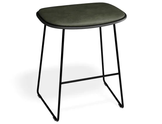 Elva Low Stool - Black Seat - Green Pad - Black Frame, Leather, 50cm H