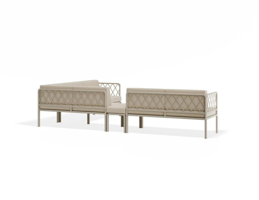 Seville Config J Corner Sofa - Latte - Outdoor - Husk Cushions + Teak Top