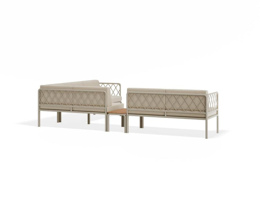 Seville Config J Corner Sofa - Latte - Outdoor - Husk Cushions + Teak Top